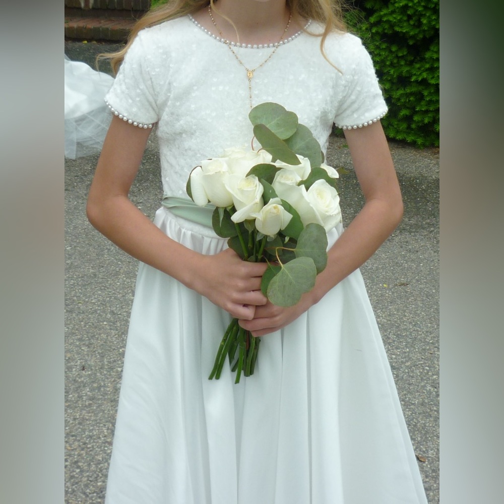 Elegant Girls White Dress with Pearl Details
